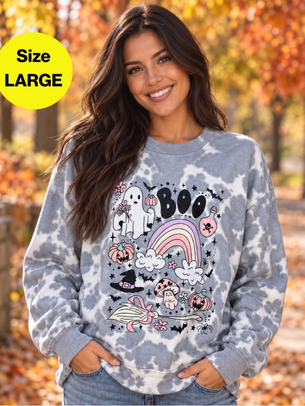 HALLOWEEN Themed ‘BOO’ Gray Tie-Dye Crewneck Sweatshirt (Women’s Large)